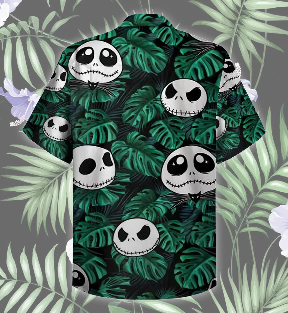 Funny Jack Skellington Pattern With Tropical Green Leaves Hawaiian Shirt, Hawaiian Shirt Gift, Christmas Gift