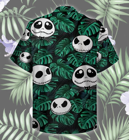 Funny Jack Skellington Pattern With Tropical Green Leaves Hawaiian Shirt, Hawaiian Shirt Gift, Christmas Gift