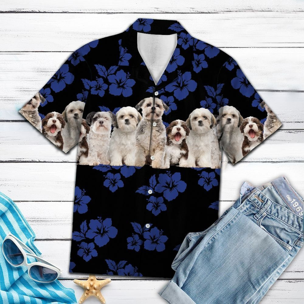 Awesome Shih Tzu Tropical Hibiscus On Black Pattern Hawaiian Shirt, Hawaiian Shirt Gift, Christmas Gift