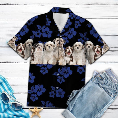 Awesome Shih Tzu Tropical Hibiscus On Black Pattern Hawaiian Shirt, Hawaiian Shirt Gift, Christmas Gift