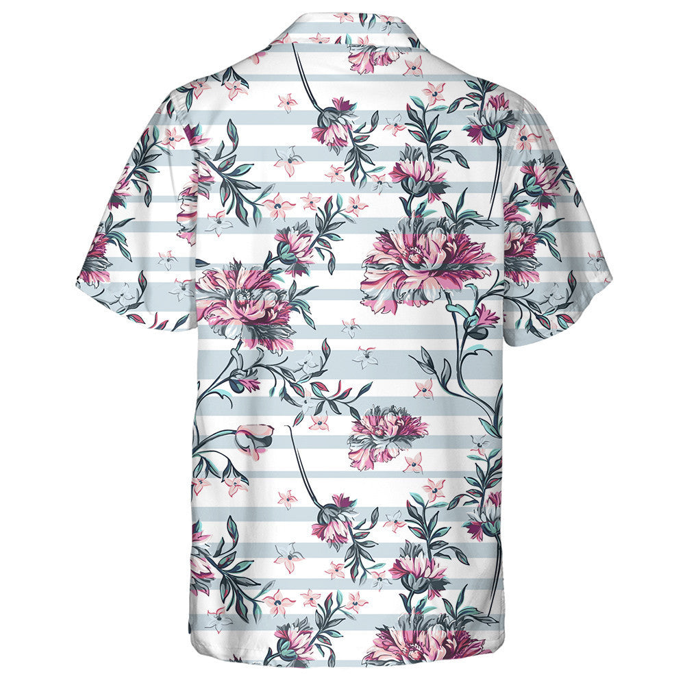 Decorative Pink Flowers Branches On Pastel Striped Background Hawaiian Shirt, Hawaiian Shirt Gift, Christmas Gift
