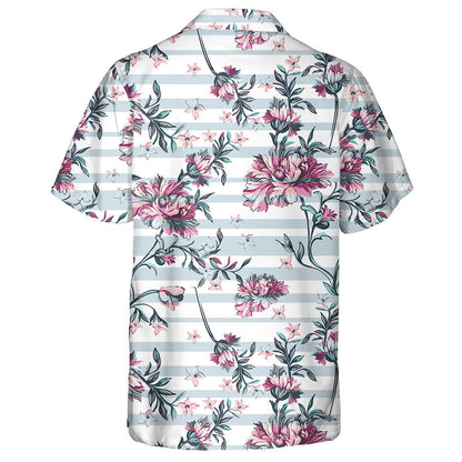 Decorative Pink Flowers Branches On Pastel Striped Background Hawaiian Shirt, Hawaiian Shirt Gift, Christmas Gift