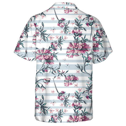 Decorative Pink Flowers Branches On Pastel Striped Background Hawaiian Shirt, Hawaiian Shirt Gift, Christmas Gift