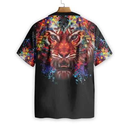 Vibrant Tiger Head Portrait On Black Themed Hawaiian Shirt, Hawaiian Shirt Gift, Christmas Gift
