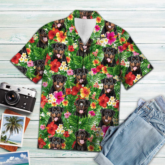 Hiding Rottweiler And Flower Tropical Plants Pattern Hawaiian Shirt, Hawaiian Shirt Gift, Christmas Gift