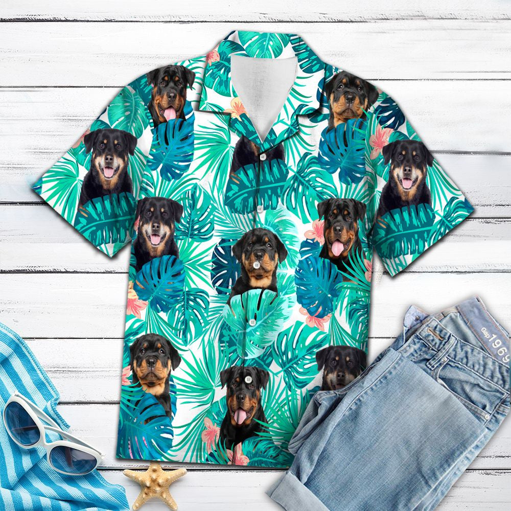Lovely Rottweiler Among Tropical Flowers And Leaves Hawaiian Shirt, Hawaiian Shirt Gift, Christmas Gift