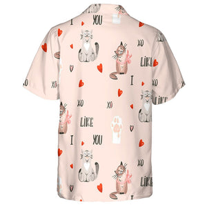 Abstract Cartoon Cat And Many Hearts Valentines Day Hawaiian Shirt, Hawaiian Shirt Gift, Christmas Gift