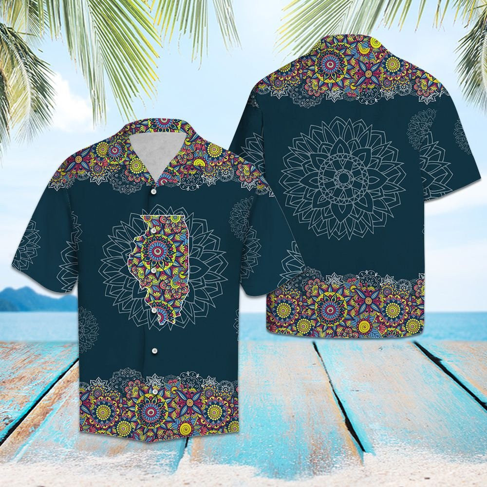 Illinois Map With Mandala Flowers Hawaiian Shirt, Hawaiian For Gift