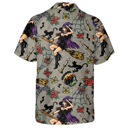 Halloween With Beautiful Witch Flying And Black Cat Hawaiian Shirt, Hawaiian Shirt Gift, Christmas Gift