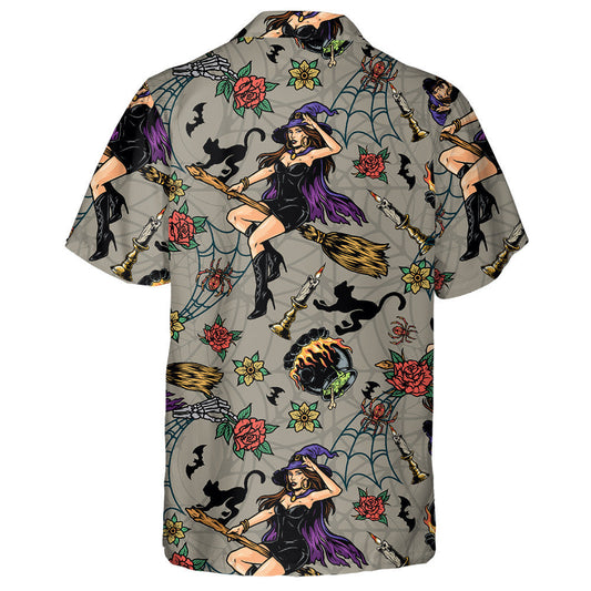 Halloween With Beautiful Witch Flying And Black Cat Hawaiian Shirt, Hawaiian Shirt Gift, Christmas Gift