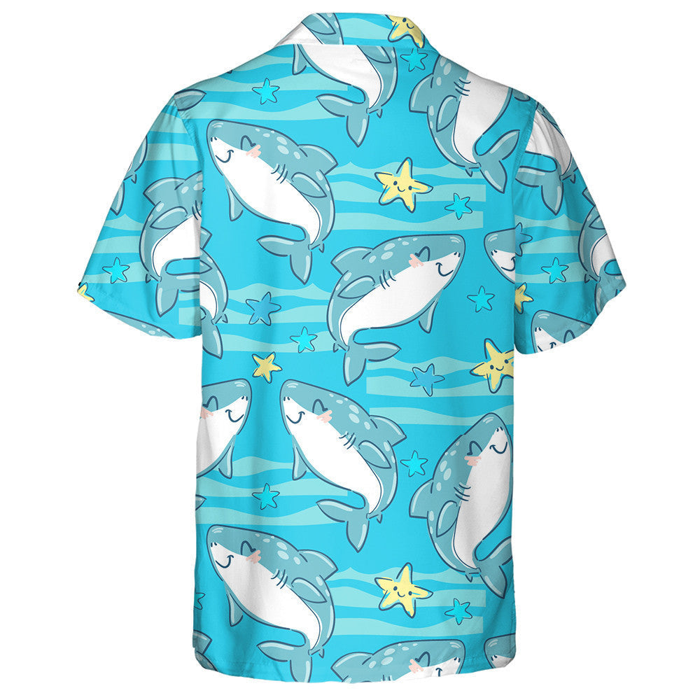 Pattern Of Cute Shark And Starfish On Blue Background Hawaiian Shirt, Hawaiian Shirt Gift, Christmas Gift