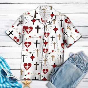 Amazing Christian Cross And Heart On White Design Themed Hawaiian Shirt, Hawaiian Shirt Gift, Christmas Gift