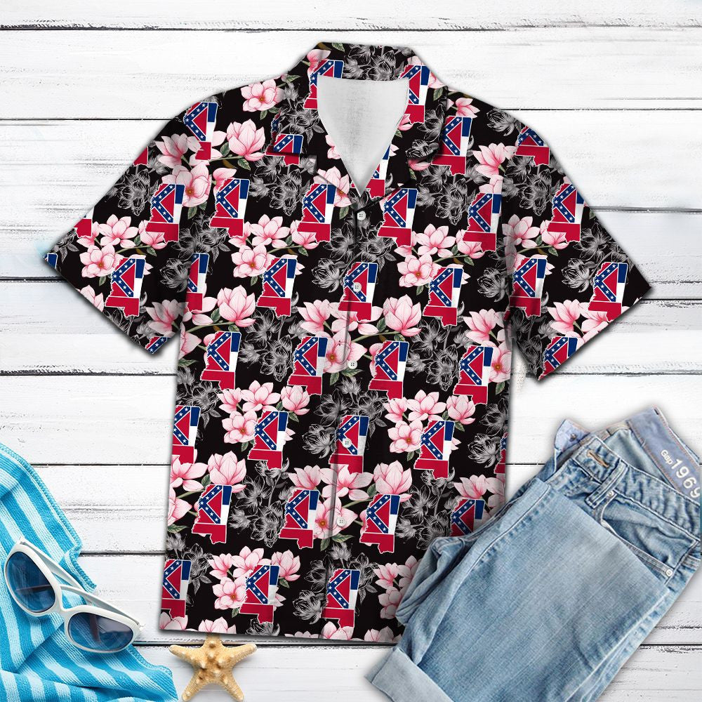 Classic Flag Of Mississippi Magnolia Flower On Black Pattern Hawaiian Shirt, Hawaiian Shirt Gift, Christmas Gift