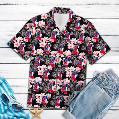 Classic Flag Of Mississippi Magnolia Flower On Black Pattern Hawaiian Shirt, Hawaiian Shirt Gift, Christmas Gift