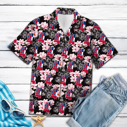 Classic Flag Of Mississippi Magnolia Flower On Black Pattern Hawaiian Shirt, Hawaiian Shirt Gift, Christmas Gift