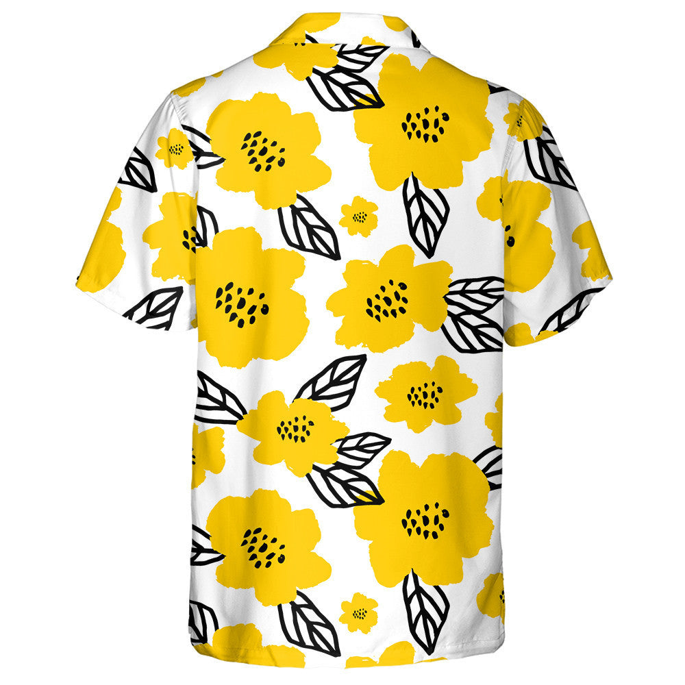 White Background With Doodle Yellow Floral And Leaves Pattern Hawaiian Shirt, Hawaiian Shirt Gift, Christmas Gift