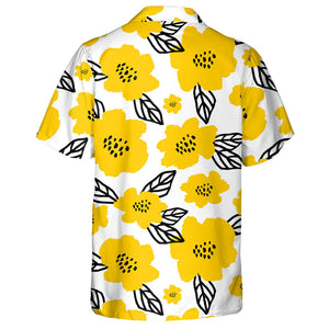 White Background With Doodle Yellow Floral And Leaves Pattern Hawaiian Shirt, Hawaiian Shirt Gift, Christmas Gift