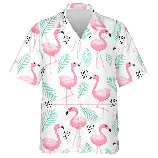 Tropical Flamingo Leaves And Black Dots Hawaiian Shirt,Hawaiian Shirt Gift, Christmas Gift