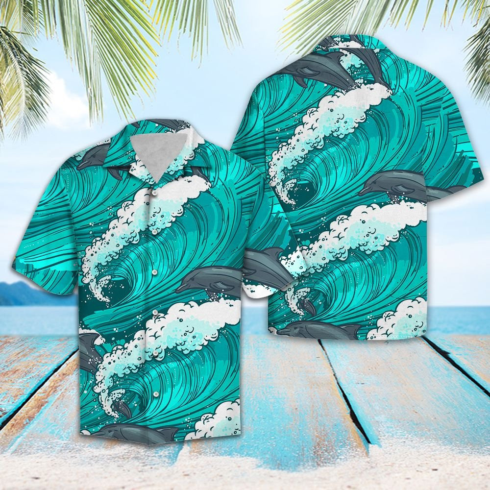 Awesome Dolphin Swimming On Huge Wave Pattern Hawaiian Shirt, Hawaiian Shirt Gift, Christmas Gift
