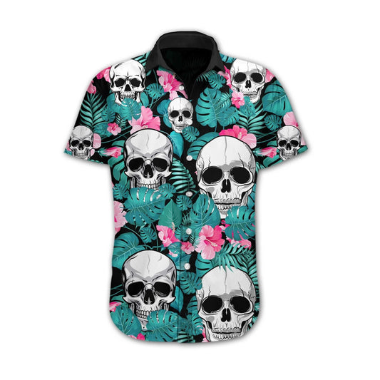 Hand Drawn Skull Tropical With Pink Flower Hawaiian Shirt, Hawaiian Shirt Gift, Christmas Gift