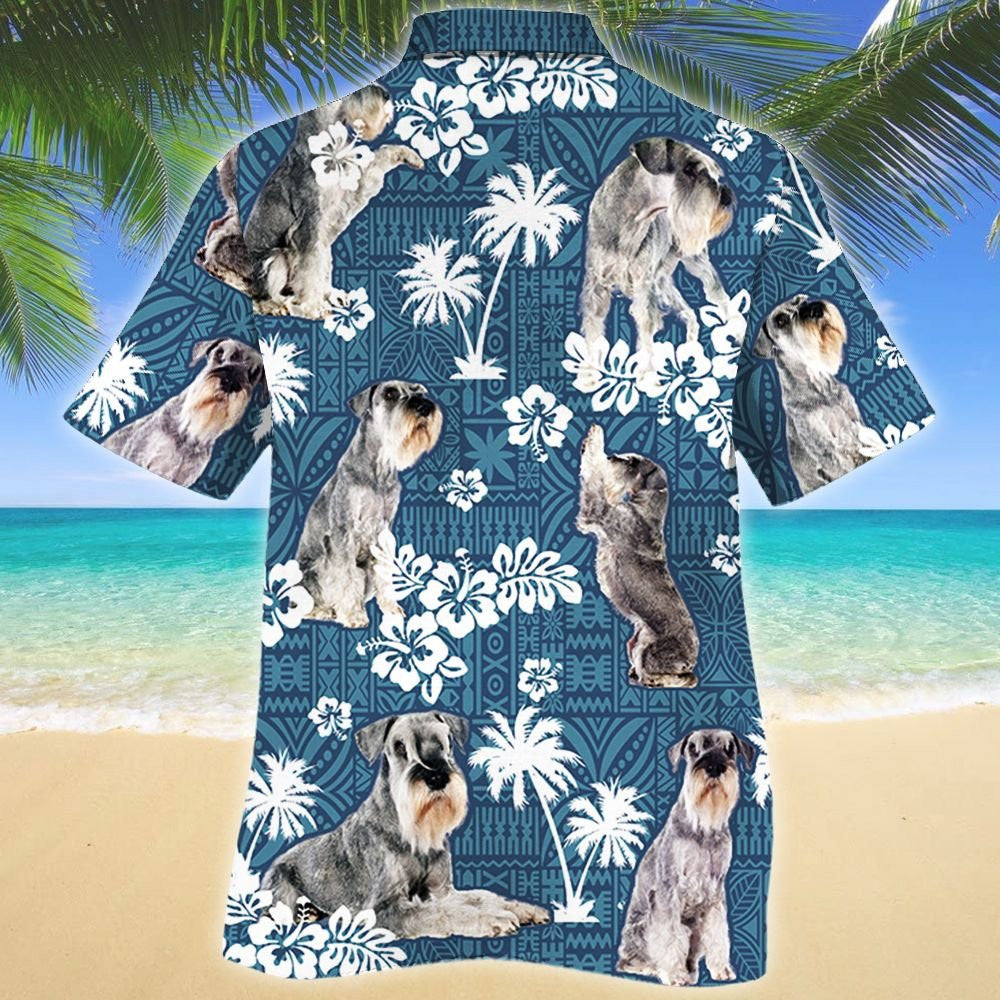 Tropical Hibiscus Standard Schnauzer Dog Blue Tribal Pattern Hawaiian Shirt, Hawaiian Shirt Gift, Christmas Gift