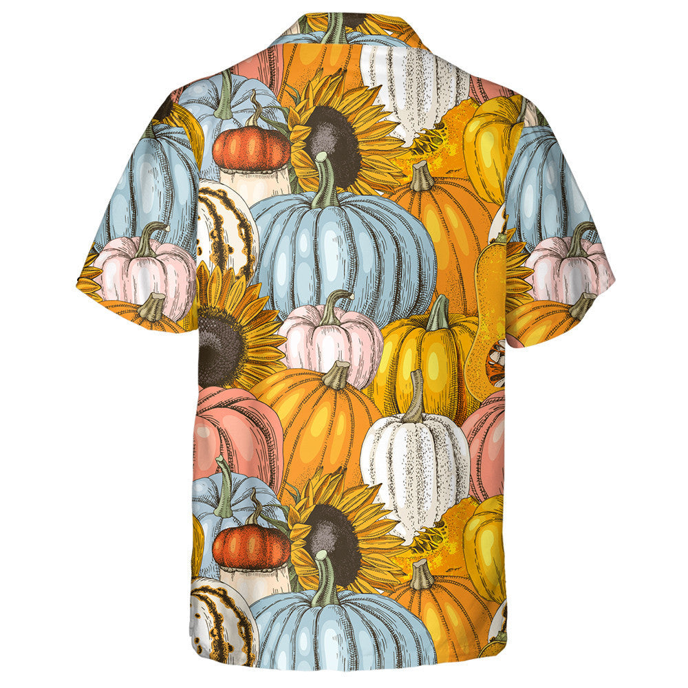 Hand Drawn Pumpkins And Sunflowers Happy Halloween Pattern Hawaiian Shirt, Hawaiian Shirt Gift, Christmas Gift