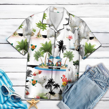Hippie Van With Fluffy Samoyed Vacation On Island Hawaiian Shirt, Hawaiian Shirt Gift, Christmas Gift