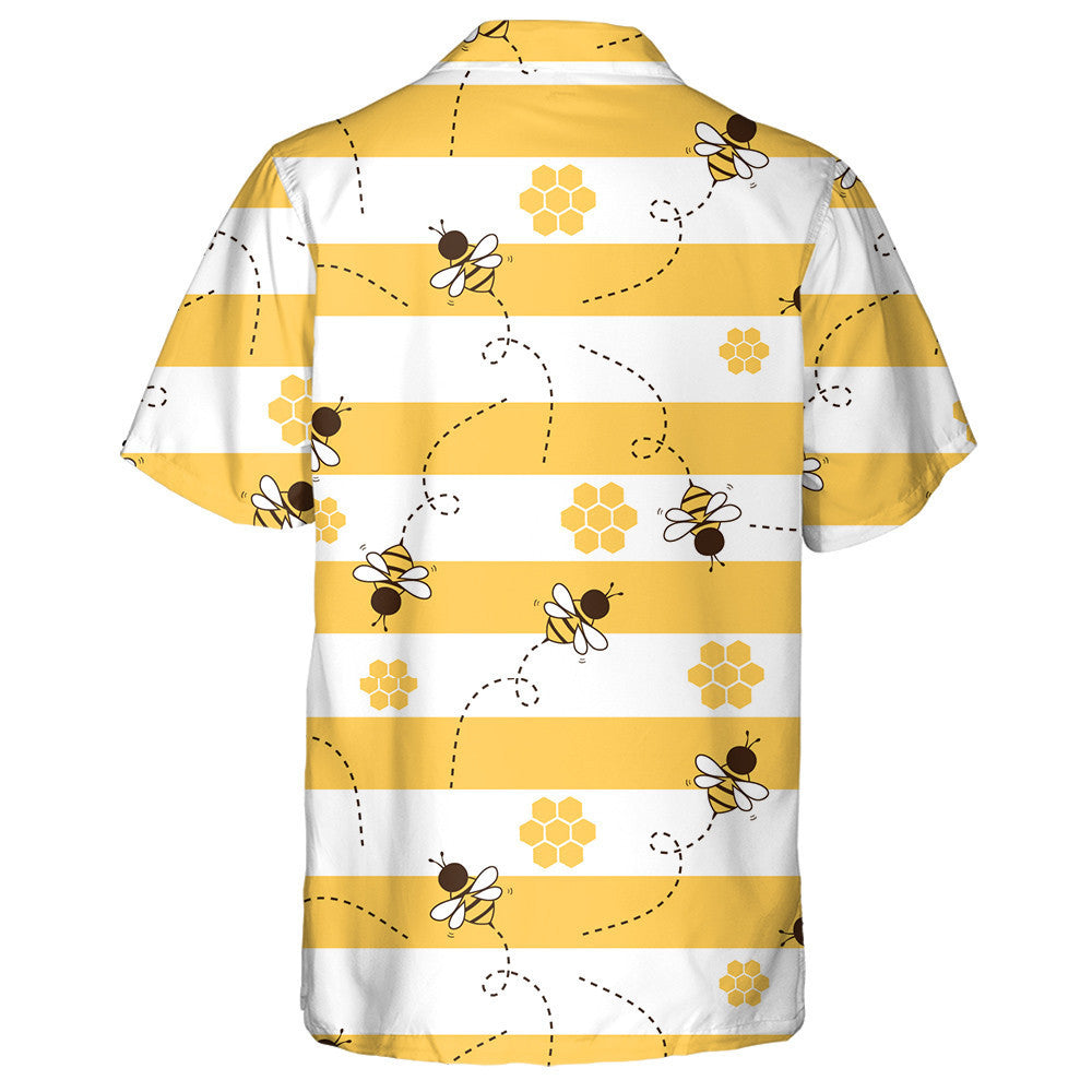 Bee Cartoons And Honeycomb On Yellow White Stripe Hawaiian Shirt, Hawaiian Shirt Gift, Christmas Gift