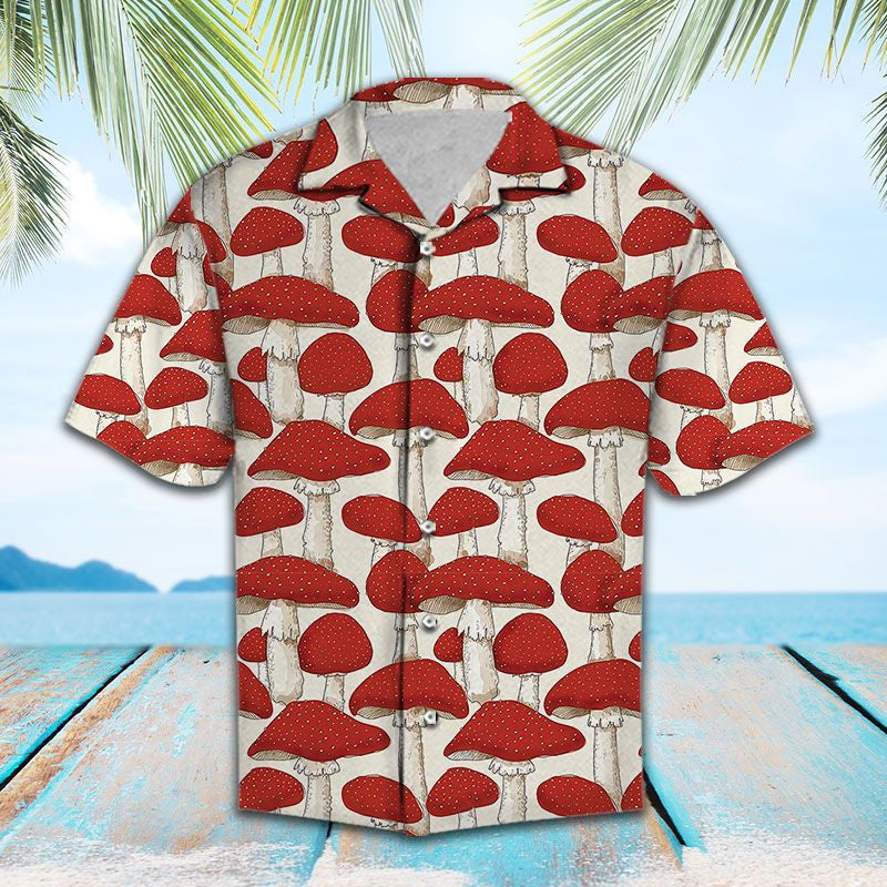 Holiday Gifts Red And White Mushrooms Jungle Pattern Hawaiian Shirt, Hawaiian Shirt Gift, Christmas Gift