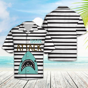 Shark Attack Black And White Horizontal Stripes Hawaiian Shirt, Hawaiian Shirt Gift, Christmas Gift