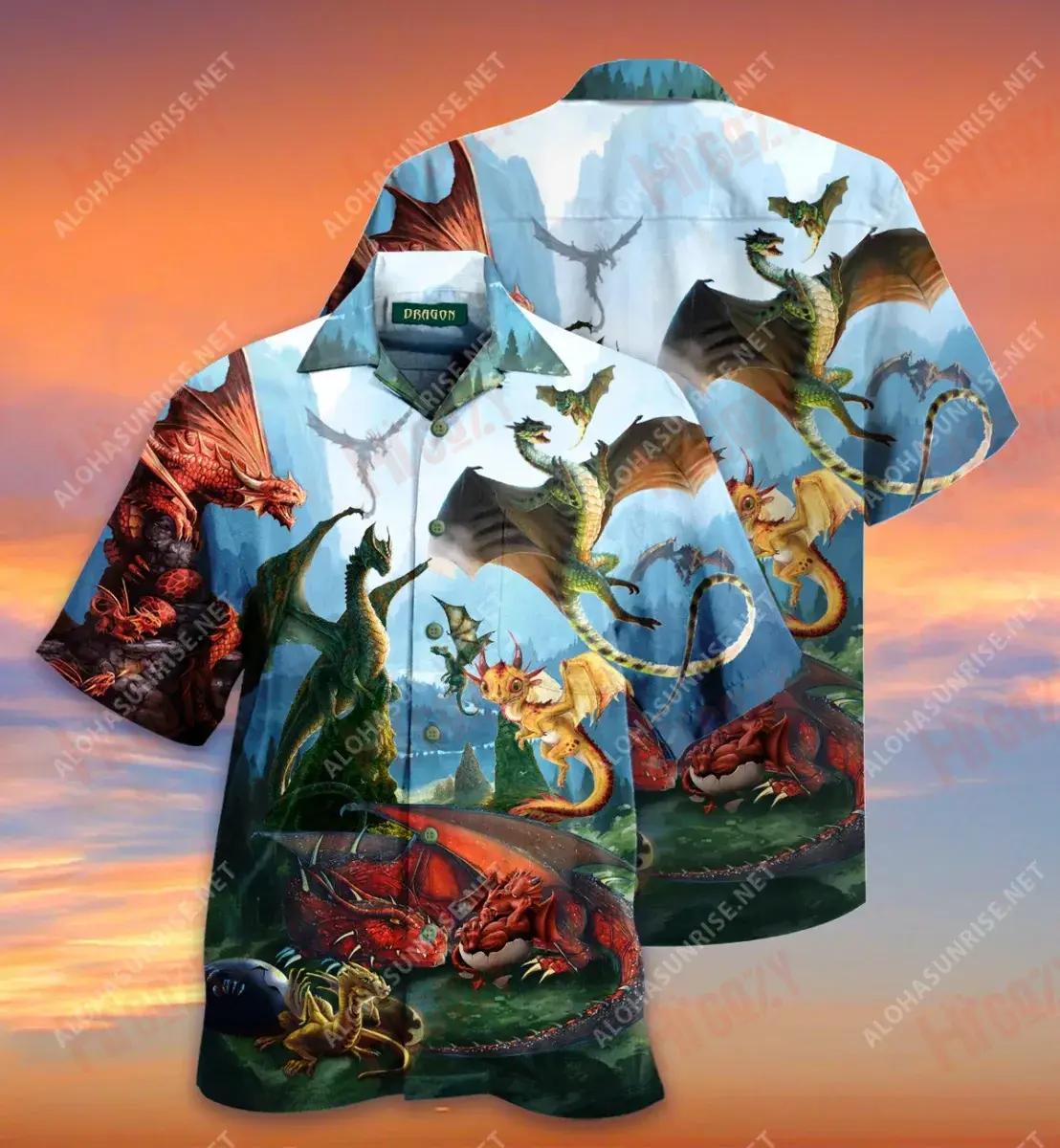 Dragon'S Happiness Is Spending Time With Baby Dragon Short Short Sleeve Shirt Ocean Hawaiian T Shirts Hawaiian Crazy Shirts Hawaiian Shirts For Women_Hawaiian Shirt Gift, Christmas Gift