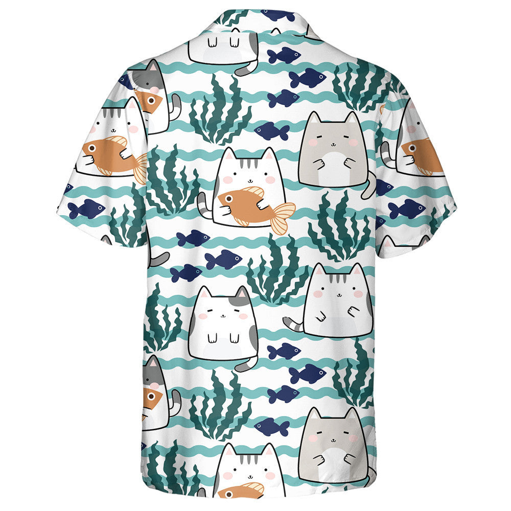 Kawaii Cute Cats And Fish With Wave Sea Hawaiian Shirt, Hawaiian Shirt Gift, Christmas Gift
