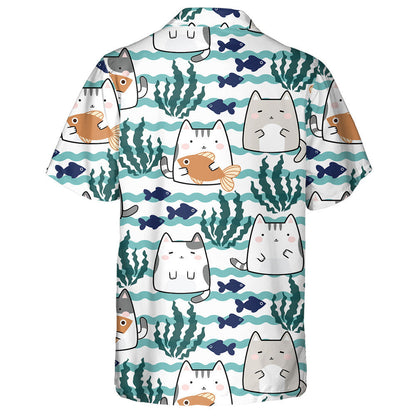 Kawaii Cute Cats And Fish With Wave Sea Hawaiian Shirt, Hawaiian Shirt Gift, Christmas Gift