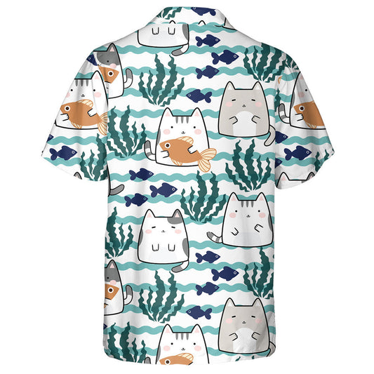 Kawaii Cute Cats And Fish With Wave Sea Hawaiian Shirt, Hawaiian Shirt Gift, Christmas Gift