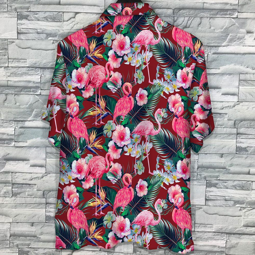Flamingo Rain Forest Jungle Red Palm Leaves Pattern Hawaiian Shirt, Hawaiian Shirt Gift, Christmas Gift