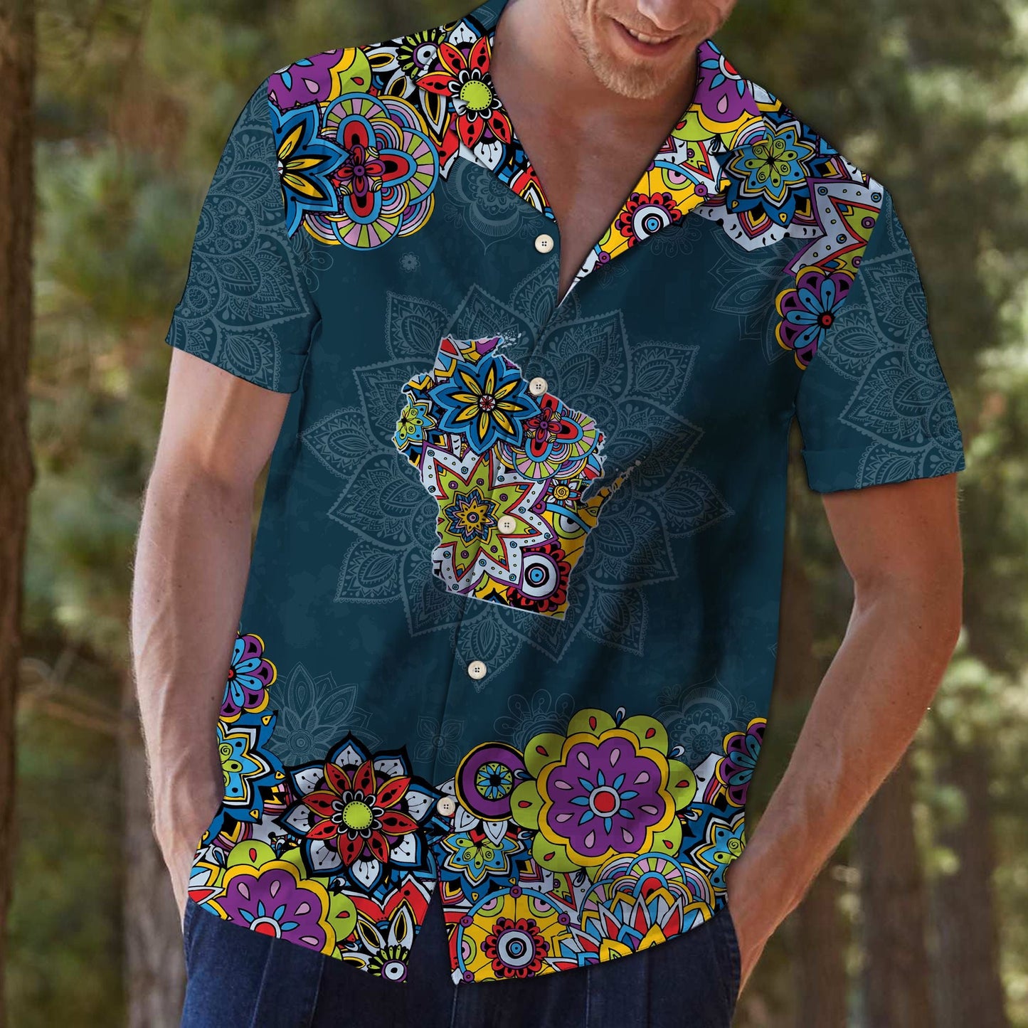 Blue Background Wisconsin Mandala Flower Patchwork Pattern Hawaiian Shirt, Hawaiian Shirt Gift, Christmas Gift