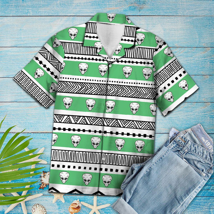 White Alien Face With Lines In Green Hawaiian Shirt, Hawaiian Shirt Gift, Christmas Gift