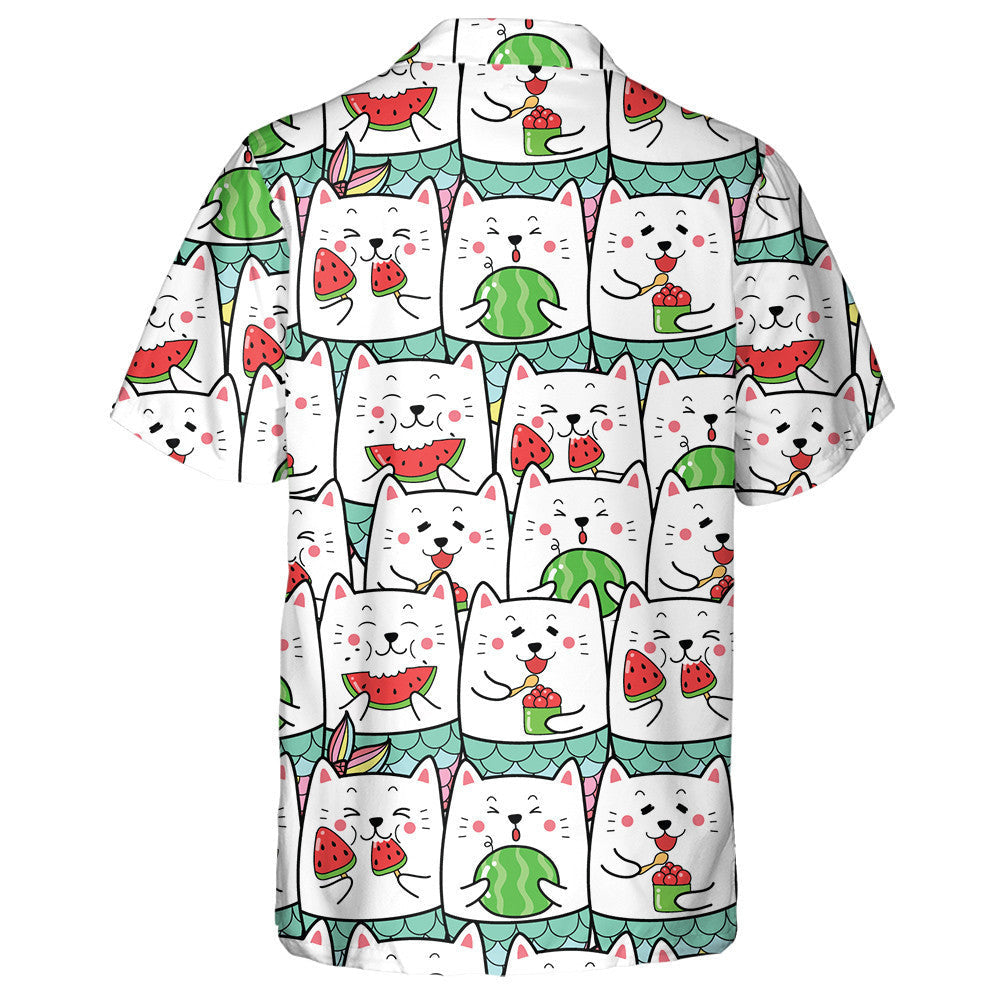 Cute Cat Mermaid Eating Watermelon In Summer Time Hawaiian Shirt, Hawaiian Shirt Gift, Christmas Gift