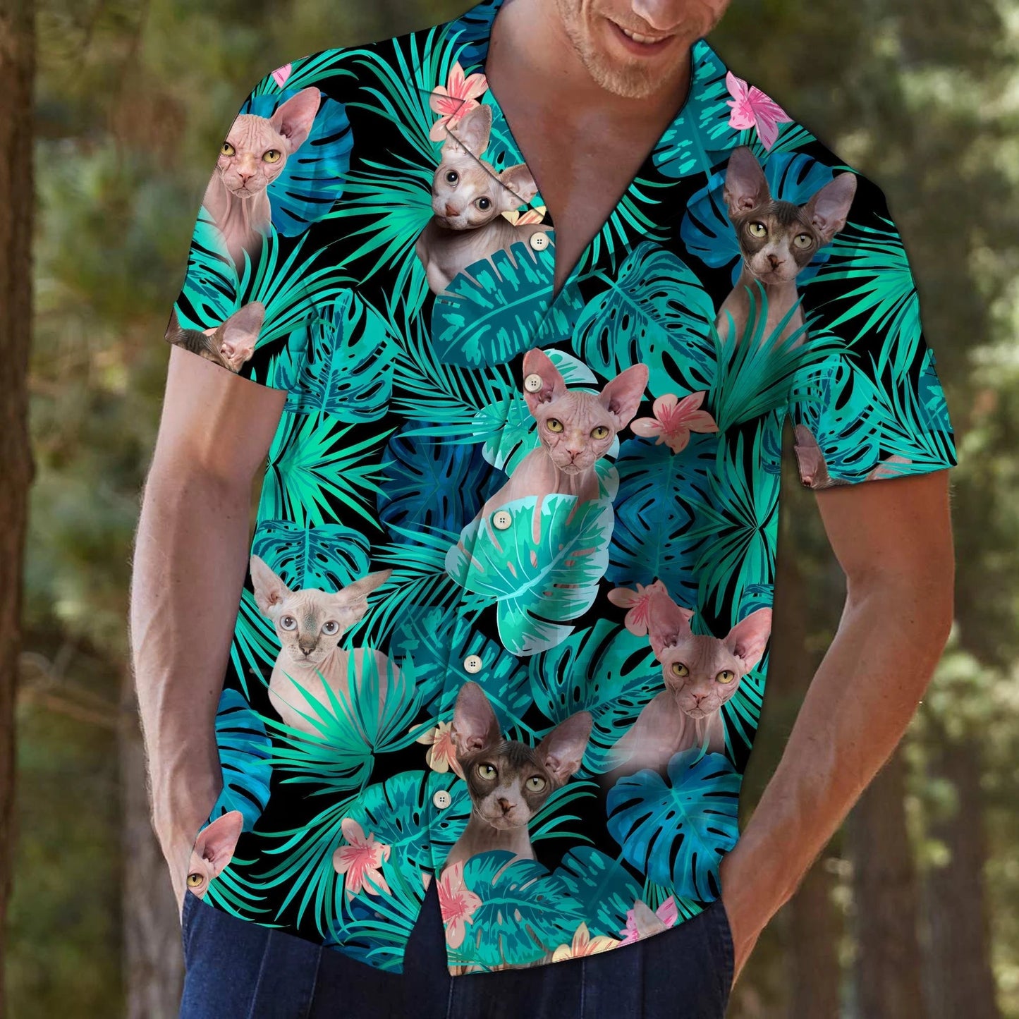 Tropical Leaves And Sphynx Gift For Cat Lovers Pattern Hawaiian Shirt, Hawaiian Shirt Gift, Christmas Gift