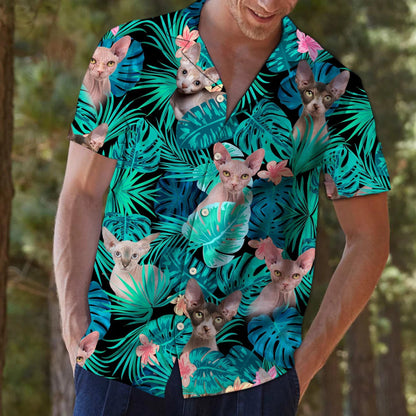 Tropical Leaves And Sphynx Gift For Cat Lovers Pattern Hawaiian Shirt, Hawaiian Shirt Gift, Christmas Gift