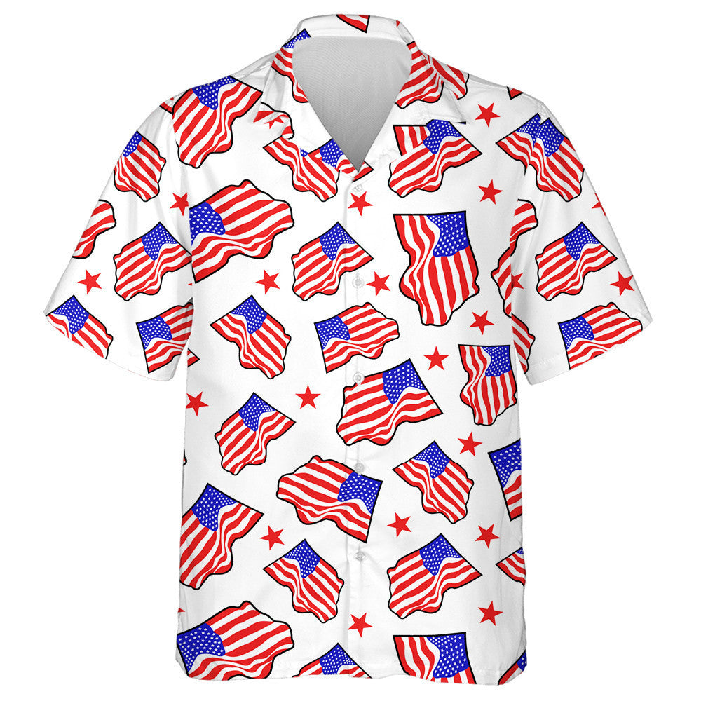 Curve American Flag And Red Stars On White Backdrop Hawaiian Shirt, Hawaiian Shirt Gift, Christmas Gift