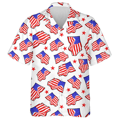 Curve American Flag And Red Stars On White Backdrop Hawaiian Shirt, Hawaiian Shirt Gift, Christmas Gift
