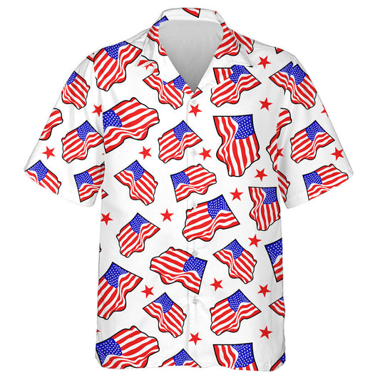Curve American Flag And Red Stars On White Backdrop Hawaiian Shirt, Hawaiian Shirt Gift, Christmas Gift