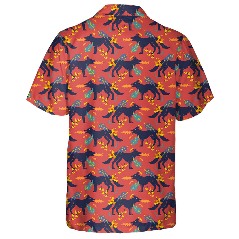 Cartoon Wolf Fire And Floral Element Hawaiian Shirt, Hawaiian For Gift