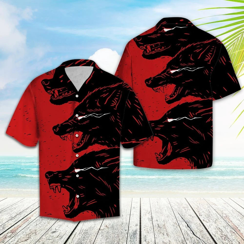 Hawaiian Shirt Scary Wolves Open Large Mouth Red Theme, Hawaiian Shirt Gift, Christmas Gift