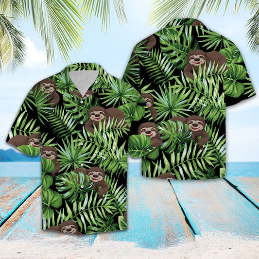 Lovely Sloth With Green Tropical Leaves In Black Hawaiian Shirt, Hawaiian Shirt Gift, Christmas Gift