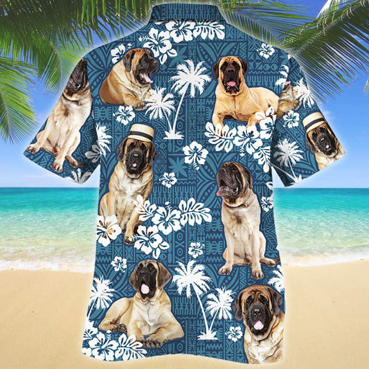 Mastiff Dog Lovers Blue And Black Tribal Pattern Hawaiian Shirt, Hawaiian Shirt Gift, Christmas Gift