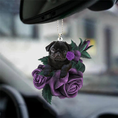 Pug In Purple Rose Car Hanging Ornament, Cute Dog Hanging Ornament For My Car, Christmas Decoration