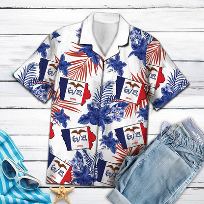Iowa Flag With Blue Hibiscus And Tropical Leaves Hawaiian Shirt, Hawaiian Shirt Gift, Christmas Gift