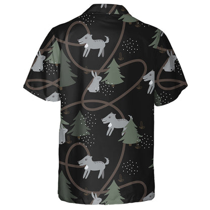 Grey Hares And Wolf In The Forest Black Background Hawaiian Shirt, Hawaiian Shirt Gift, Christmas Gift